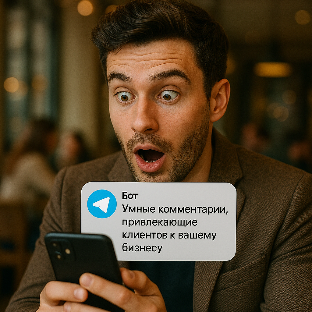 Удивленный мужчина с телефоном и сообщением о Telegram-боте
